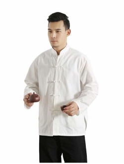 Idopy Men`s Chinese Traditional Linen Cotton Tai Chi Kung Fu Mandarin Collar Frog-Button Shirt