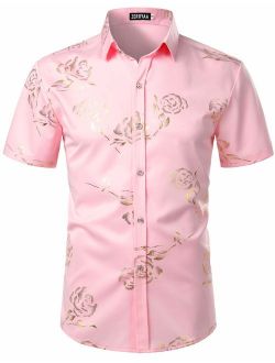 Mens Hipster Gold Rose Printed Slim Fit Short Sleeve Button Down Dress Shirts