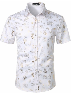 Mens Hipster Gold Rose Printed Slim Fit Short Sleeve Button Down Dress Shirts