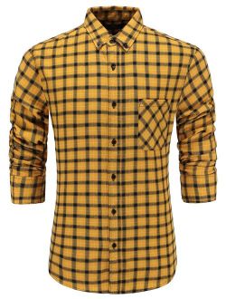Emiqude Men's 100% Cotton Slim Fit Long Sleeve Plaid Button-Down Checked Dress Shirt