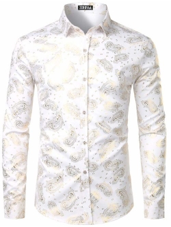 Men's Nightclub Rose Gold Shiny Flowered Printed Slim Fit Button Down Dress Shirts for Party