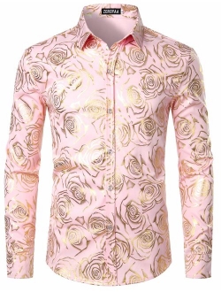 Men's Nightclub Rose Gold Shiny Flowered Printed Slim Fit Button Down Dress Shirts for Party