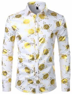 Men's Nightclub Rose Gold Shiny Flowered Printed Slim Fit Button Down Dress Shirts for Party