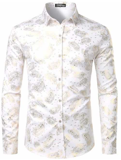 ZEROYAA Men's Nightclub Rose Gold Shiny Flowered Printed Slim Fit Button Down Dress Shirts for Party 