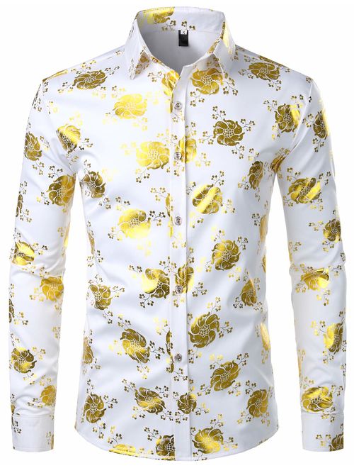 ZEROYAA Men's Nightclub Rose Gold Shiny Flowered Printed Slim Fit Button Down Dress Shirts for Party