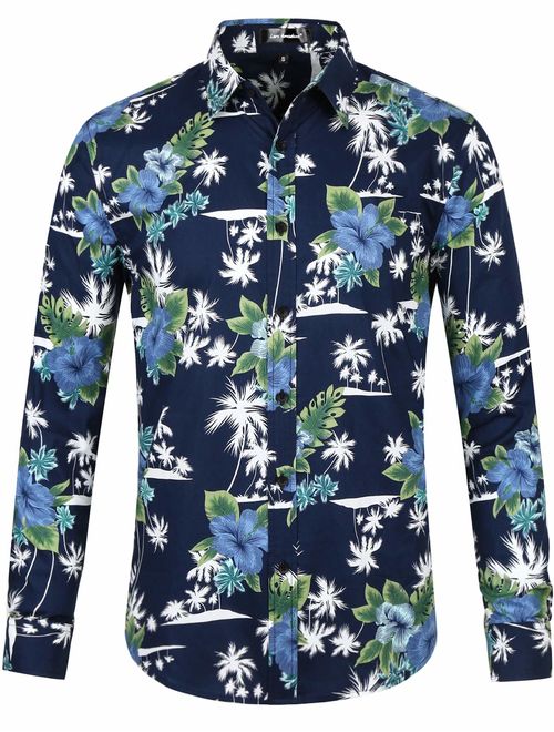 Lars Amadeus Men Floral Button Down Long Sleeve Hawaiian Flower Printed Shirt