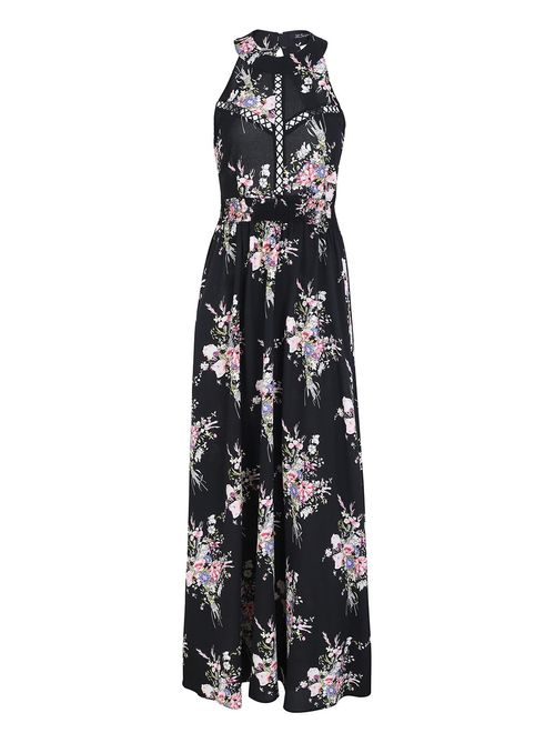 BerryGo Women's Chic Sleeveless Backless Halter Floral Print Split Maxi Dress