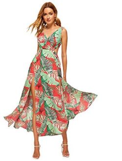 Women Sexy Sleeveless V-Neck Split Summer Beach Floral Print Maxi Dress