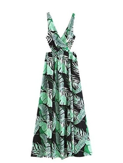 Women Sexy Sleeveless V-Neck Split Summer Beach Floral Print Maxi Dress