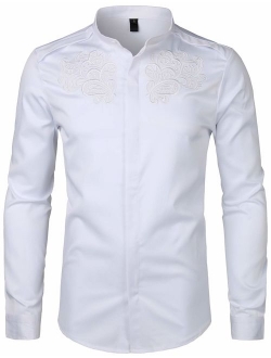 Men's Luxury Gold Embroidery Design Slim Fit Long Sleeve Button Up Dress Shirts