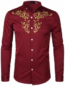 Men's Luxury Gold Embroidery Design Slim Fit Long Sleeve Button Up Dress Shirts