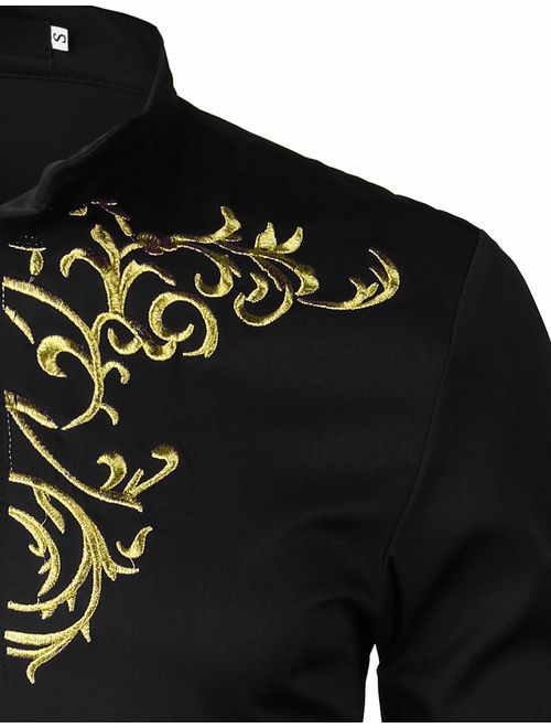 Buy ZEROYAA Men's Luxury Gold Embroidery Design Slim Fit Long 