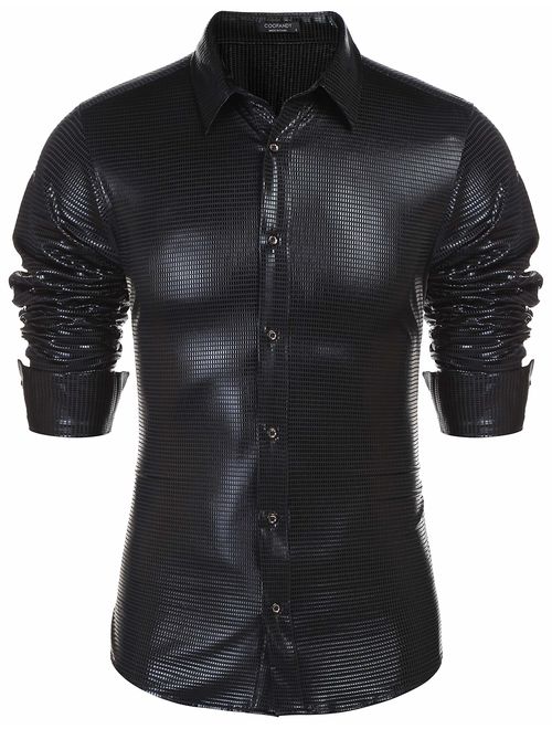 Buy COOFANDY Men's Sequin Shiny Shirt Long Sleeve Button Down Shirt ...