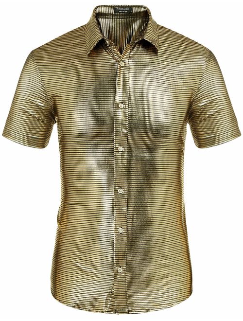 COOFANDY Mens Disco Shirt Costume Short Sleeve Button Down Fashion Party Shirt Shiny Metallic Nightclub Bowling Shirt 