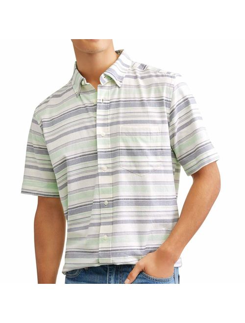 George Men's Stretch Printed Woven Button Down Short Sleeve Shirt (Large 42/44, Green Stripe)