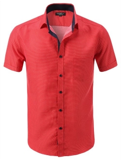 7 Encounter Men's Spread Collar Patterned Print Oxford Short Sleeve Dress Shirt