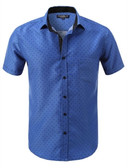 7 Encounter Men's Spread Collar Patterned Print Oxford Short Sleeve Dress Shirt