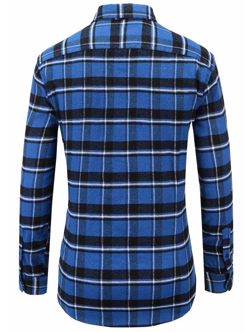 Emiqude Men's Stylish Flannel Cotton Slim Fit Long Sleeve Plaid Dress Shirt