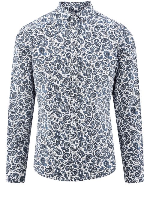 oodji Ultra Men's Paisley Print Cotton Shirt, Blue, 15in / US 15 / EU 39 / S