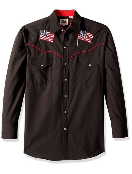 ELY CATTLEMAN Men's Long Sleeve Solid Shirt with Flag Embroidery and Piping