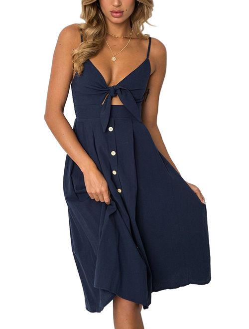 Yidarton Womens Dresses-Summer Spaghetti Strap Tie Front Button Down Sexy Backless Midi Dress