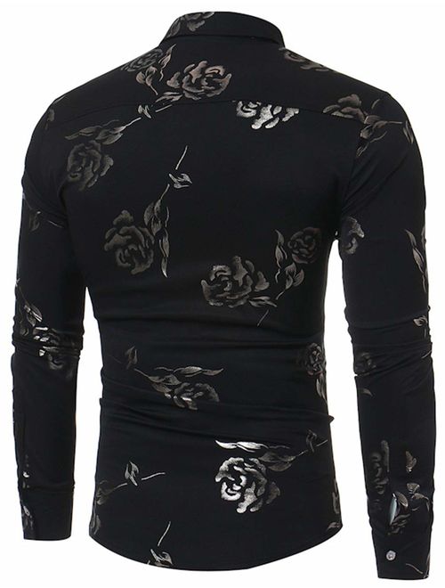 HOP Mens Luxury Gold Rose Print Shirt Long Sleeve Slim Fit Button Down Dress Shirts for Party/Wedding/Shows