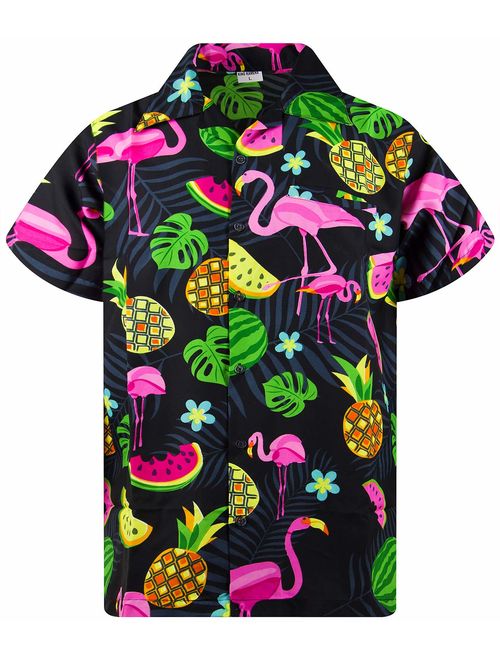 King Kameha Funky Hawaiian Shirt Men Shortsleeve Frontpocket Hawaiian-Print Melon Flamingo Fruits