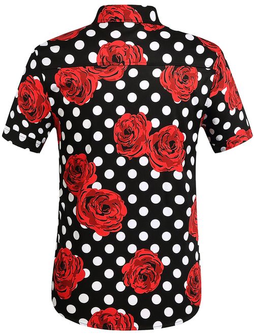 SSLR Men's Polka Rose Button Down Short Sleeve Casual Shirt