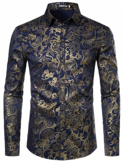 Men's Luxury Gold Prom Design Slim Fit Long Sleeve Button up Party Dress Shirts