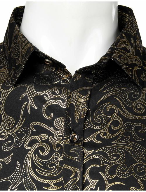 ZEROYAA Men's Luxury Gold Prom Design Slim Fit Long Sleeve Button up Party Dress Shirts