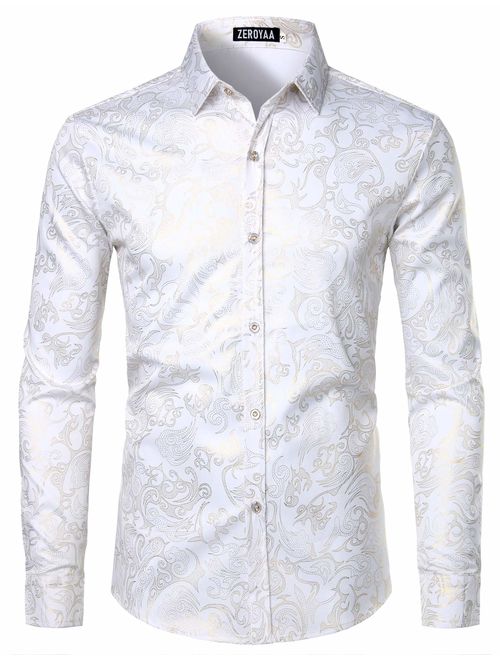ZEROYAA Men's Luxury Gold Prom Design Slim Fit Long Sleeve Button up Party Dress Shirts 
