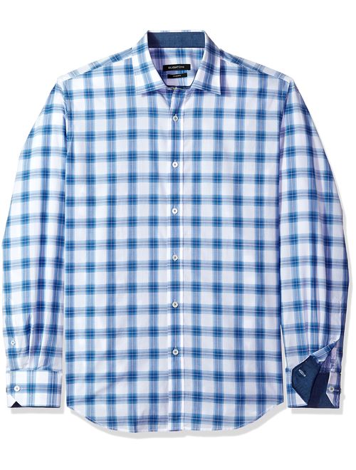 Bugatchi Men's Country Motif Fitted Long Sleeve Cotton Point Collar Shirt
