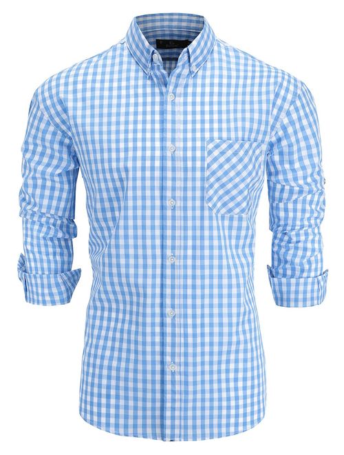 Emiqude Men's 100% Cotton Slim Fit Long Sleeve Plaid Button Down Dress Shirt