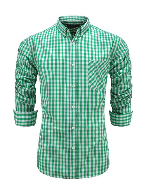 Emiqude Men's 100% Cotton Slim Fit Long Sleeve Plaid Button Down Dress Shirt