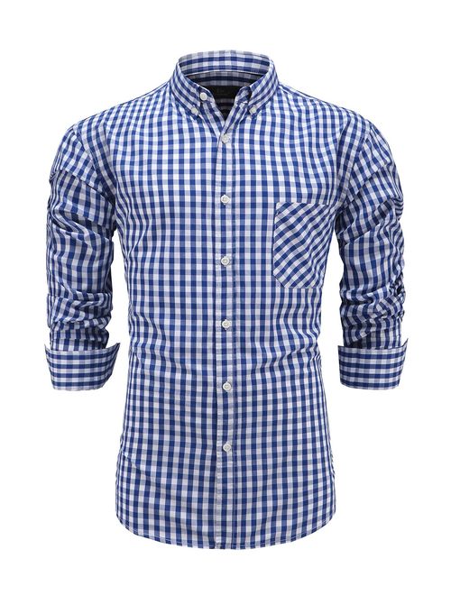 Emiqude Men's 100% Cotton Slim Fit Long Sleeve Plaid Button Down Dress Shirt