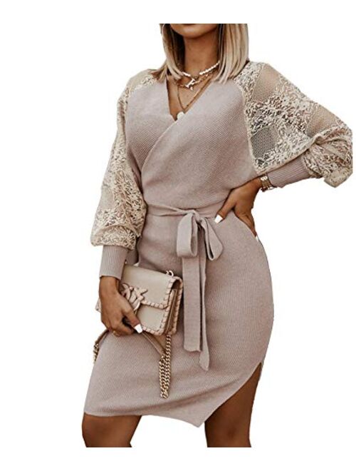 Sexyshine Women's Sexy Deep V-Neck Long Batwing Sleeve Backless Mini Slim Fit Bodycon Pencil Knit Sweater Dress with Belt
