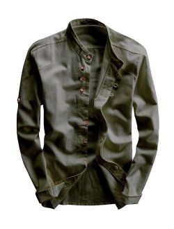 utcoco Men's Vintage Linen Stand Collar Button Up Shirt Long Sleeve