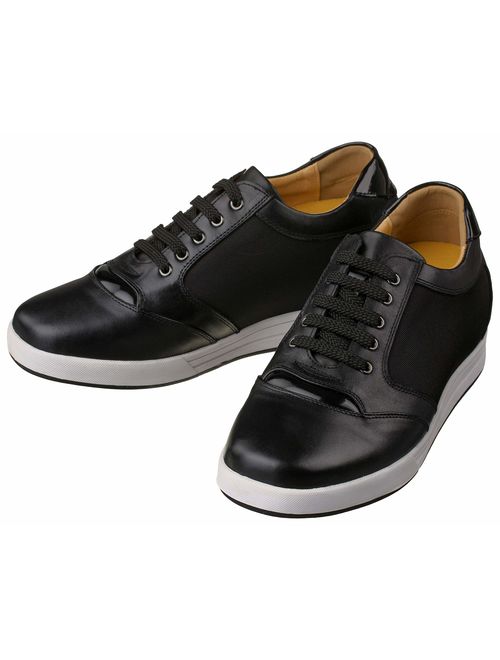 TOTO Men's Invisible Height Increasing Elevator Shoes - Black Leather/Mesh Lace-up Casual Fashion Sneakers - 3.2 Inches Taller - A53272