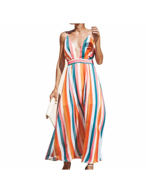 Milky Way Women Striped Dress Beach Sexy Backless Deep V Dress Fashion Slim Slip Casual Dress Colorful Striped Dress