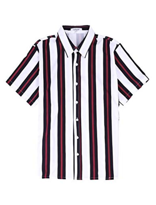 APRAW Mens Fashion Short Sleeve Casual Slim Fit Vertical Striped Button Down Shirts