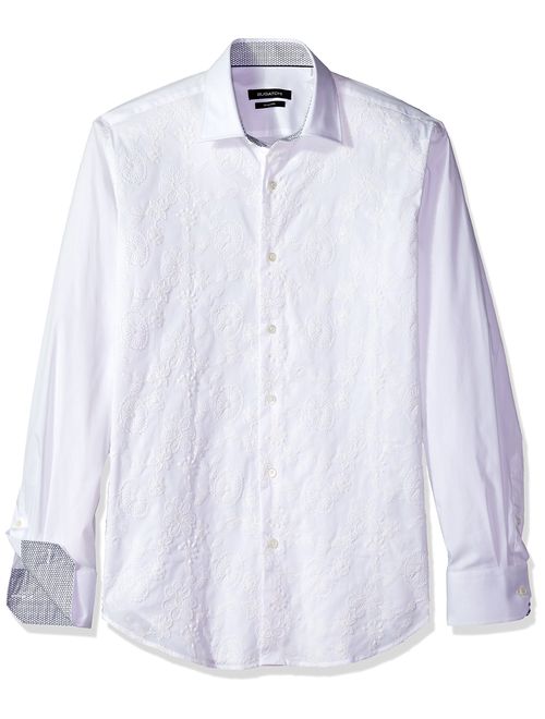 Bugatchi Men's Tailored Fit Solid White Embroidered Long Sleeve Woven