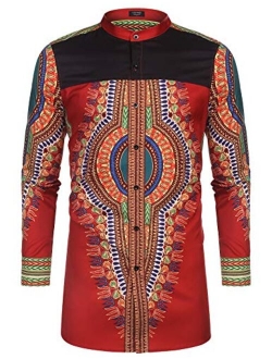 Men's African Dashiki Print Shirt Long Sleeve Button Down Shirt Bright Color Tribal Top Shirt