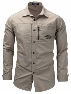 FREDD MARSHALL Men's 100% Cotton Regular Fit Workwear Pocket Long Sleeve Shirt, Khaki, US L+, EUR XXL