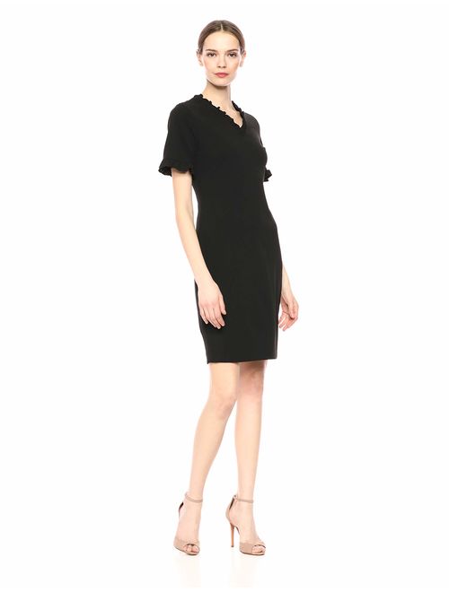 Calvin Klein Women's Short Sleeve V Neck Sheath with Ruffle Detail Dress