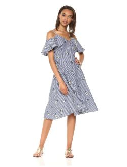 Women's Cold Shoulder Floral Embroidered Striped a Line Dress
