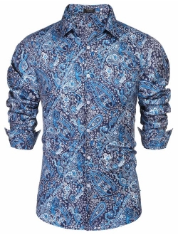 Men's Floral Dress Shirt Slim Fit Casual Paisley Printed Shirt Long Sleeve Button Down Shirts