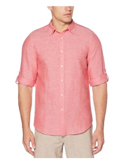 Men's Rolled-Sleeve Solid Linen Cotton Button-up Shirt