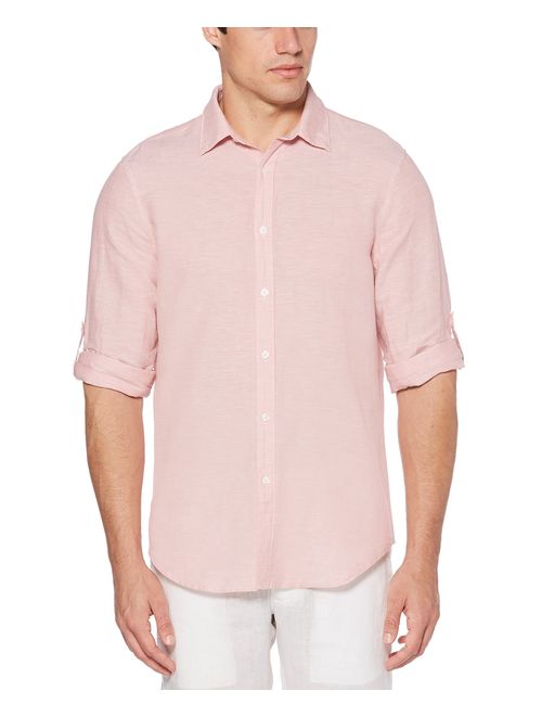 Perry Ellis Men's Rolled-Sleeve Solid Linen Cotton Button-up Shirt
