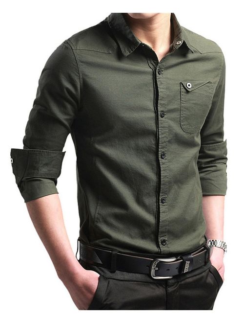 JHVYF Mens Casual Slim Fit Long/Short Sleeve Button-Down Dress Shirt