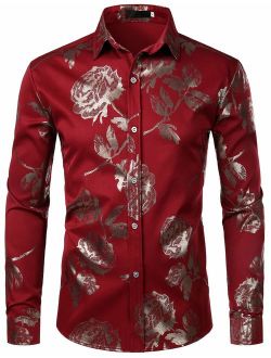 Men's Geek Rose Gold Shiny Flowered Printed Stylish Slim Fit Long Sleeve Button Down Shirt